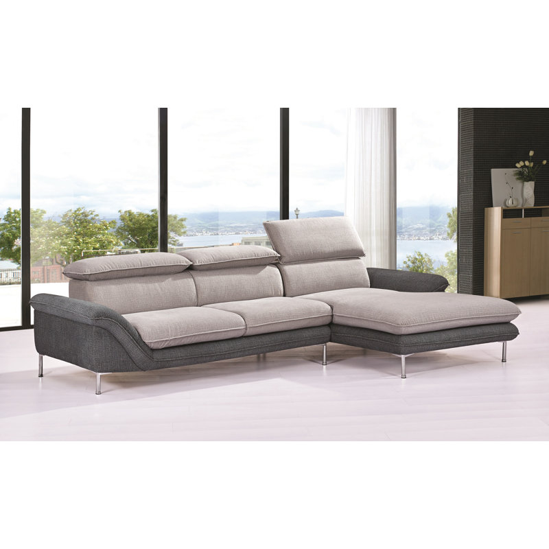 Lynnette Upholstered L-Shaped Sectional, Light Gray Flocking Fabric/Foam, Right Hand Facing