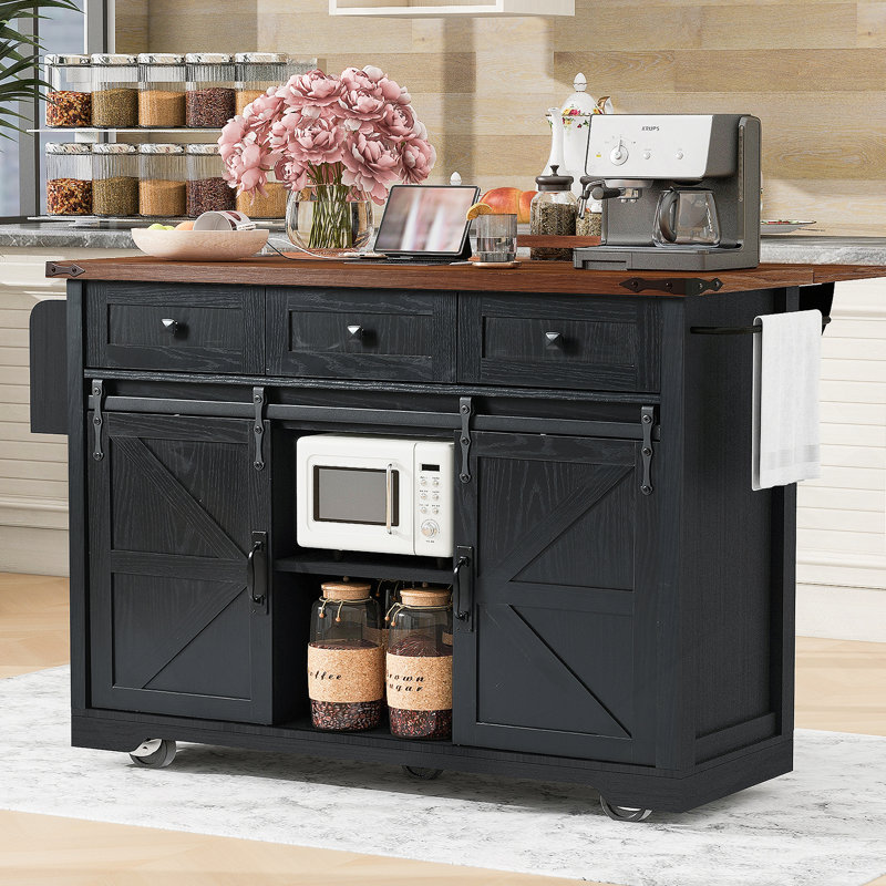 53.7" Farmhouse Kitchen Island With Power Outlet, 2 Sliding Barn Door Kitchen Storage Island With Drop Leaf, Spice Rack Rolling Kitchen Cart On Wheels, For Home, Kitchen And Dining Room, Black