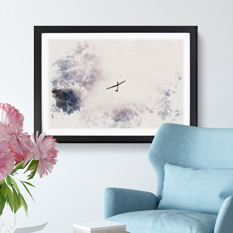 Air Glider In The Clouds Watercolour - Single Picture Frame Print on MDF, Black Framed, 62cm H x 87cm W x 2cm D
