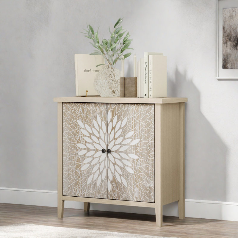 Armoire de rangement sculptée à 2 portes avec tablette réglable pour le salon, le couloir et la cuisine, Natural
