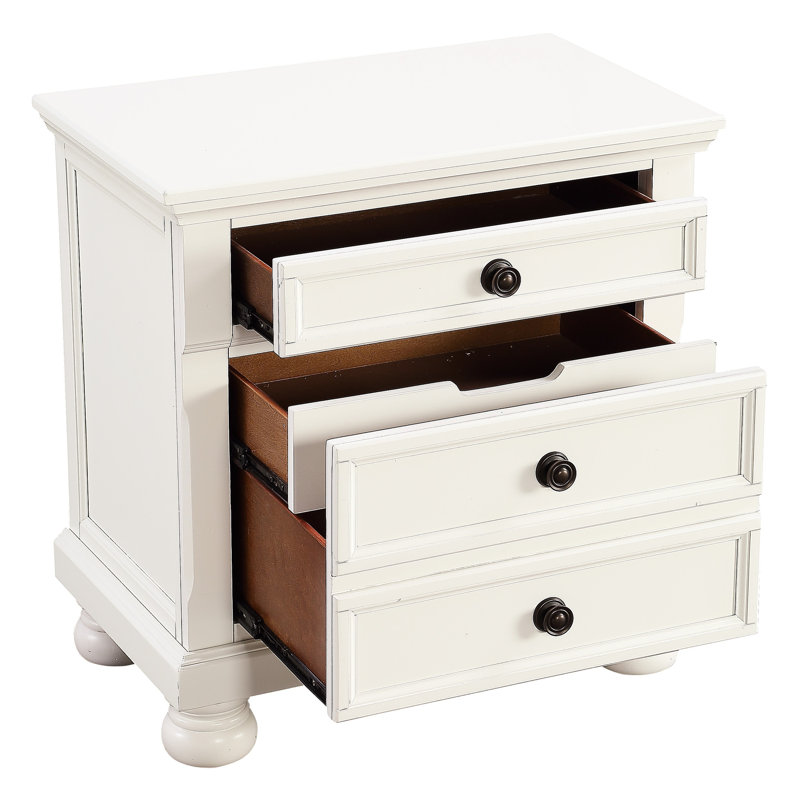 Table de chevet de chambre à coucher blanche, tiroir caché pour l'organisation, 2 tiroirs, glissières à roulement, bronze antique, table d'appoint transitionnelle en bois avec plateau à compartiments en feutre, foncé