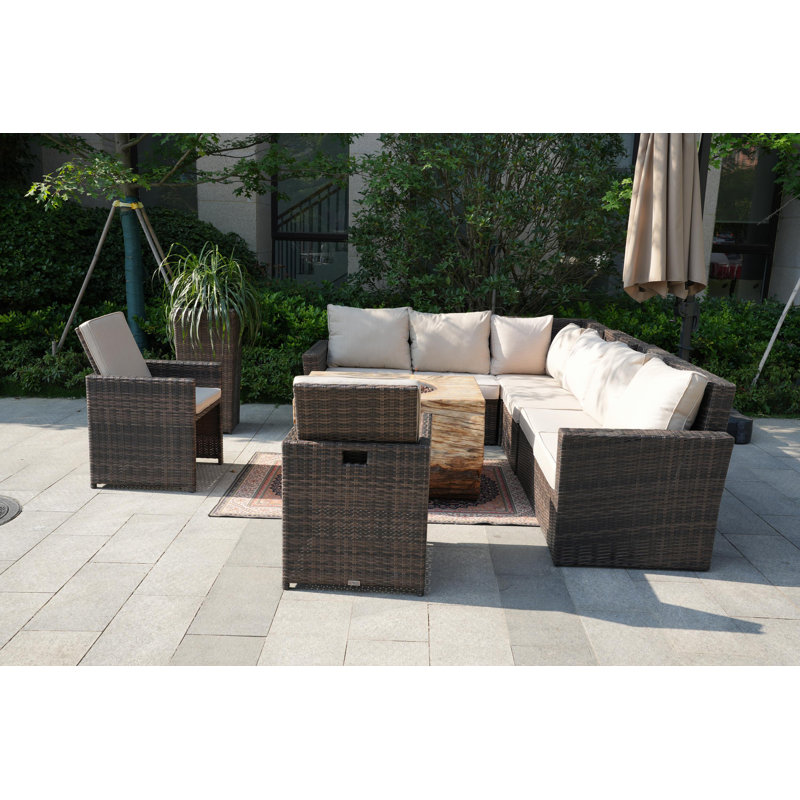 8 - Person Patio Conversation Set with Cushions, Beige