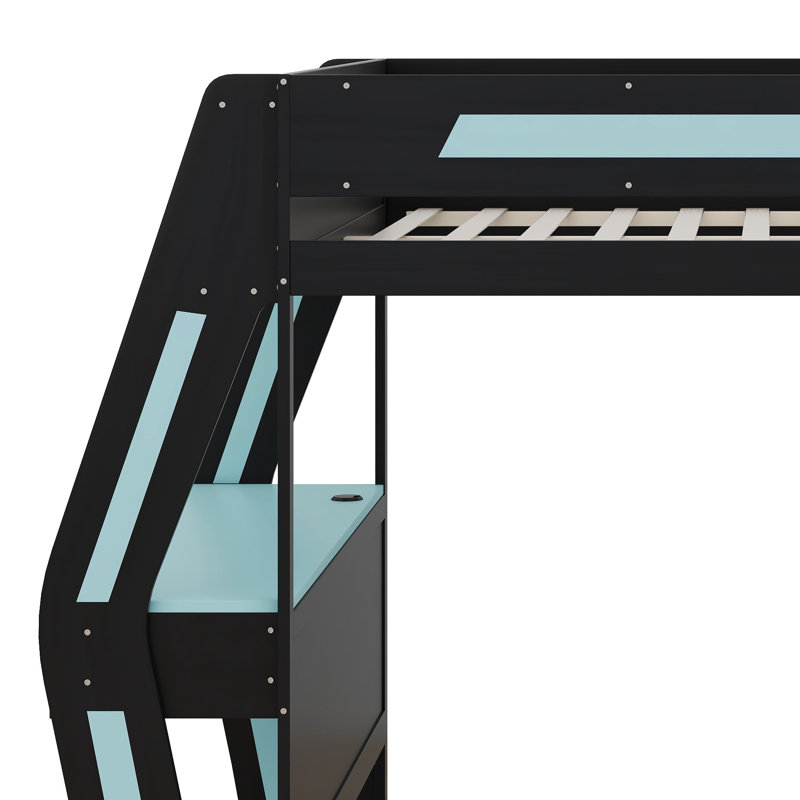 Lit mezzanine avec bureau, lumières DEL et stations de charge USB, lit mezzanine en bois avec 6 casiers de rangement, 6 tiroirs