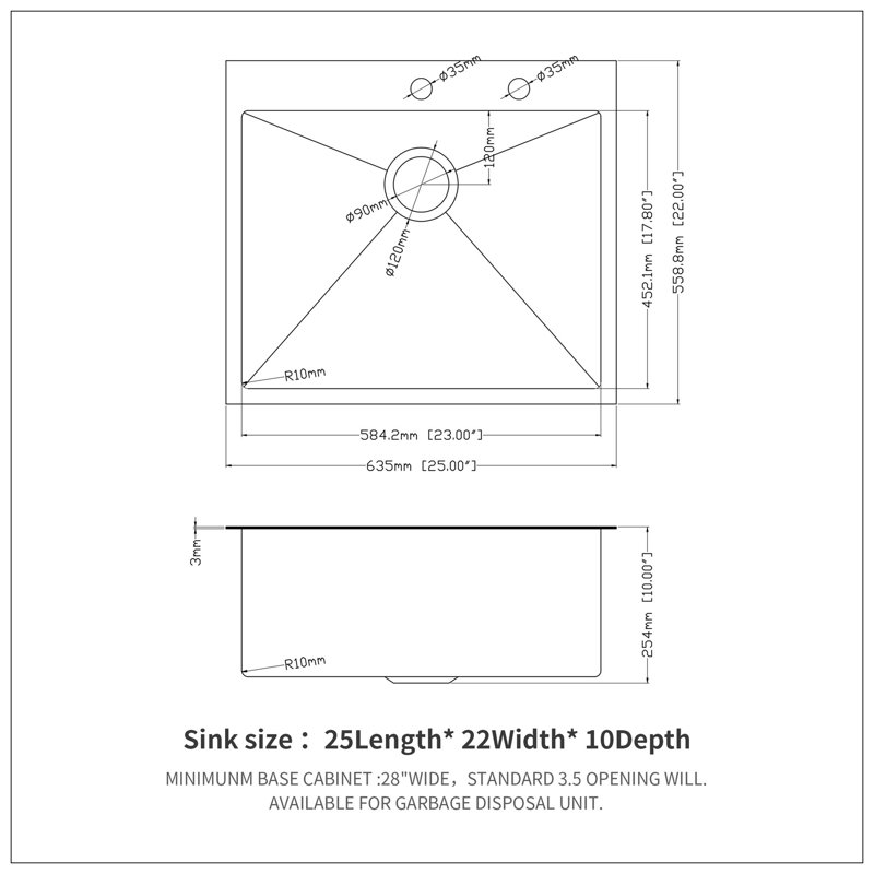 25X22 Inch Drop In Kitchen Sink Gunmetal Black Topmount 16 Gauge Deep Single Bowl Stainless Steel Sink Basin