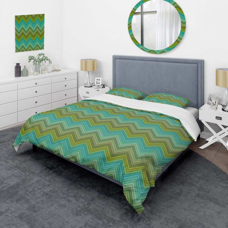 Green Horizontal Chevron - Abstract Duvet Cover Set - Microfiber Polyester