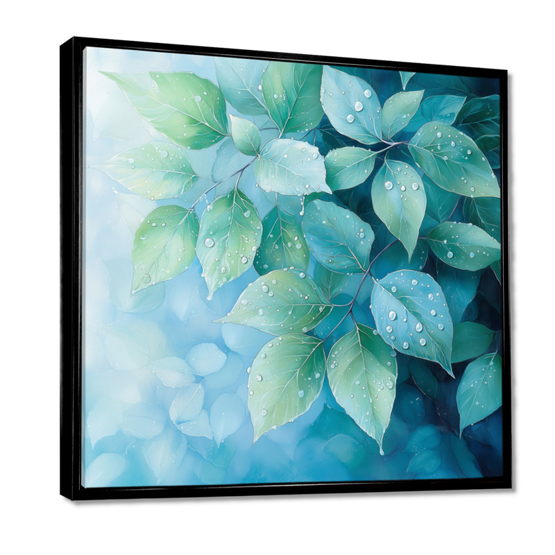 Morning Dewy Leaves II - feuilles, art mural, Impression encadrée flottante, Noir, noir, noir, noir, H 16 po x l 16 po