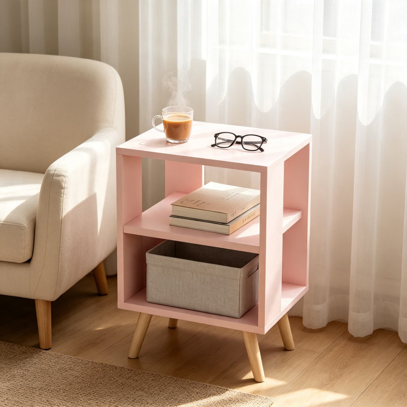 Table de chevet avec rangement ouvert pour enfants et adultes, table de chevet moderne à 2 niveaux avec bois aggloméré et pieds robustes, table de bout compacte pour petits espaces, salon, chambre à coucher, chambre de bébé et bureau, finition rose