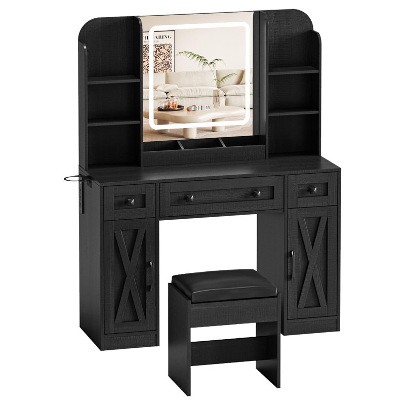 Miroir de salle de bain avec lumières et tabouret, Noir, noir, noir, noir
