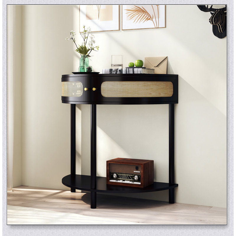 Unique Half Moon Design End Table With Sliding Rattan Door, Elegant Semi-Circle Entryway Furniture, Black
