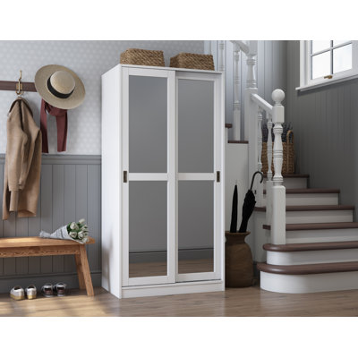 100% Solid Wood 2-Sliding Door Wardrobe Armoire with Mirrored Doors