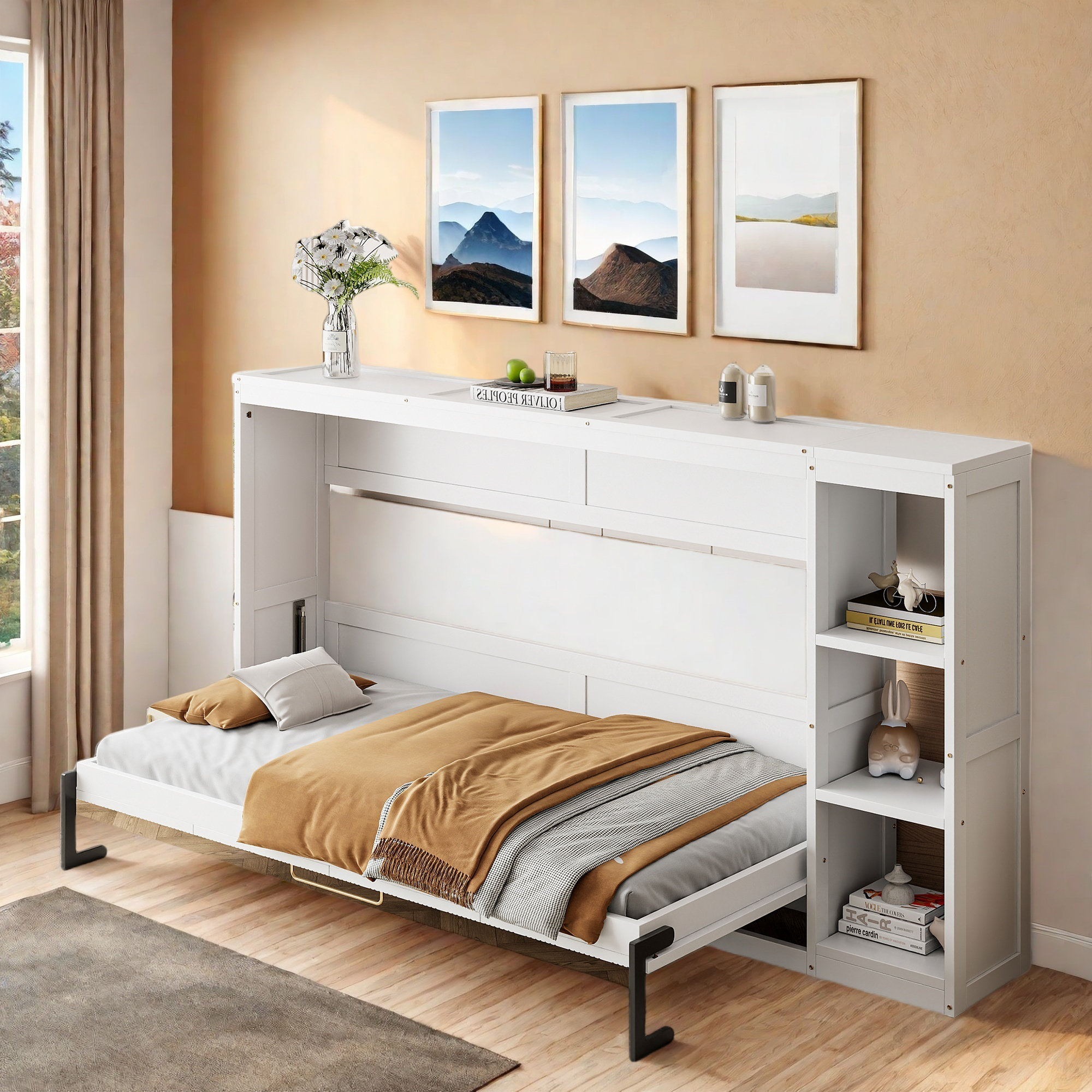 Latitude Run® Murphy Bed With 4 Storage Racks And Vertical Striped ...