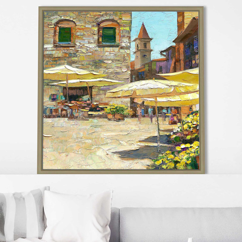 «Siena Flower Market I» par Howard Behrens - Peinture, H 39,5 po x l 39,5 po x P 2 po, Cadre flottant champagne