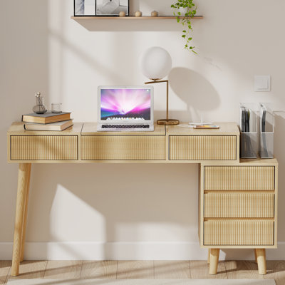 Vanity Desk With Flip Top Mirror And Lights, Mild Century Dressing Table Wooden 6 Drawers Storage 47“ Large Make Up Vanity by George Oliver