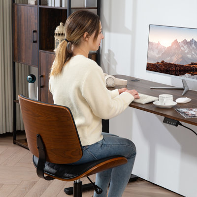 Chaise de bureau sans accoudoirs avec roulettes, petite chaise de bureau en cuir synthétique à dossier moyen avec hauteur réglable, pivotant à 360 degrés pour le bureau, la lecture, la salle de réunion, blanc, bois