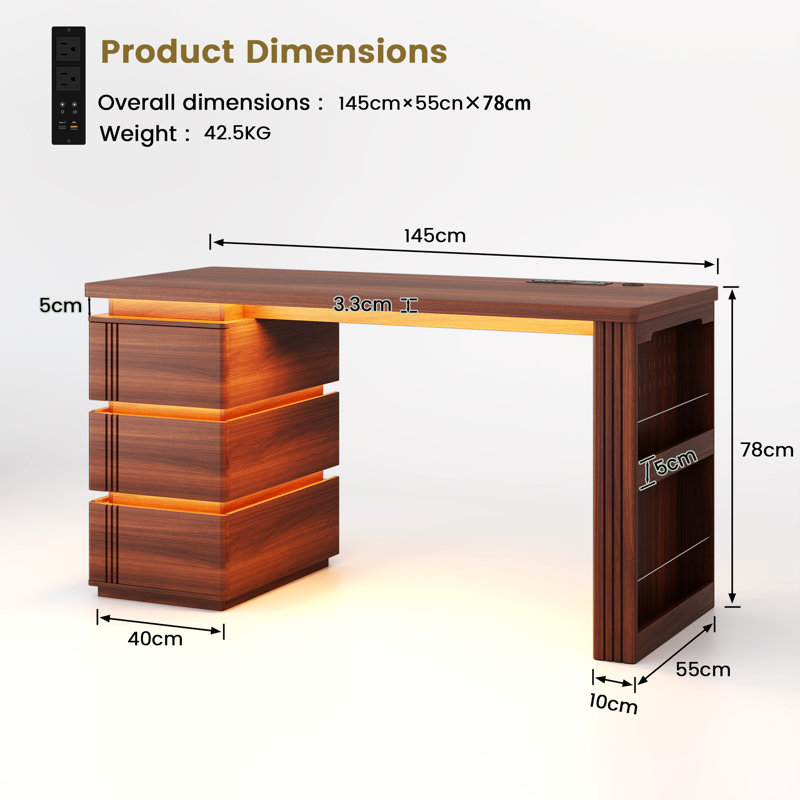 MDF Computer Desk with Built-In Electrical Outlet, Warm Walnut Effect