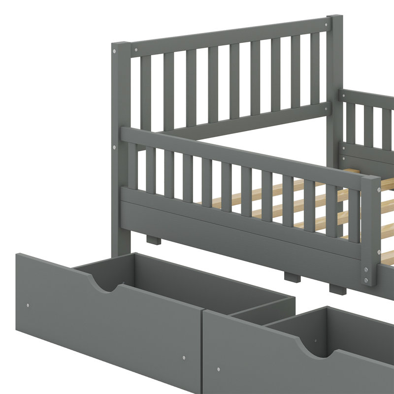 Platform Bed With Guardrails On Both Sides And Two Storage Drawers, Grey, Twin