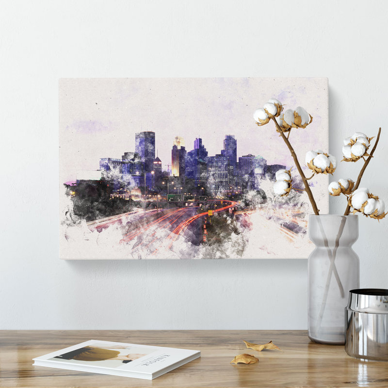 Minneapolis Skyline at Dusk Watercolour - Wrapped Canvas, 50cm H x 76cm W x 3cm D