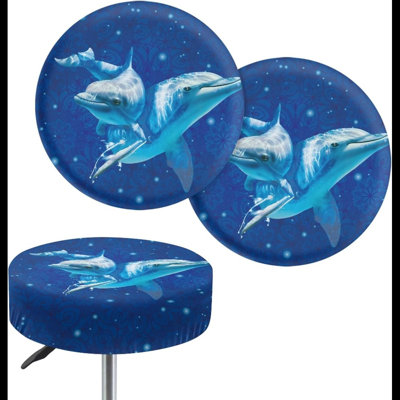 Blue Dolphin - Ensemble de 2 housses de tabourets ronds, housses de tabourets de bar ronds à imprimé animal mignon