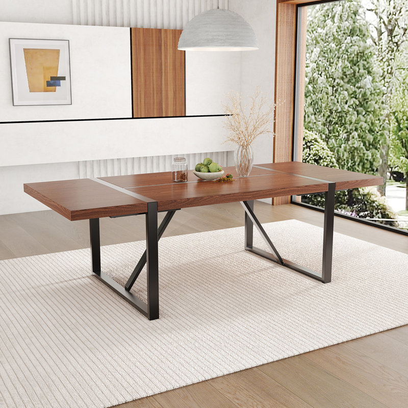 Table de salle à manger en bois 87 po avec pieds en métal noyer, Bois de noyer