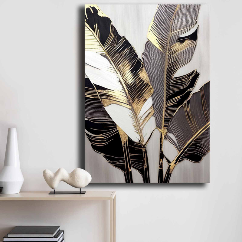 Art mural feuille dorée et noire - 27,6 po x 39,4 po