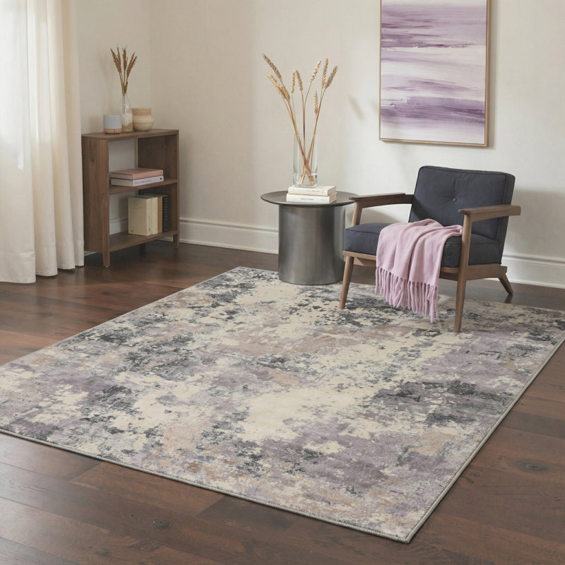 Aura Abstract Machine Washable Purple / Grey Indoor Area Rug with Non-Slip Backing, Round 5'