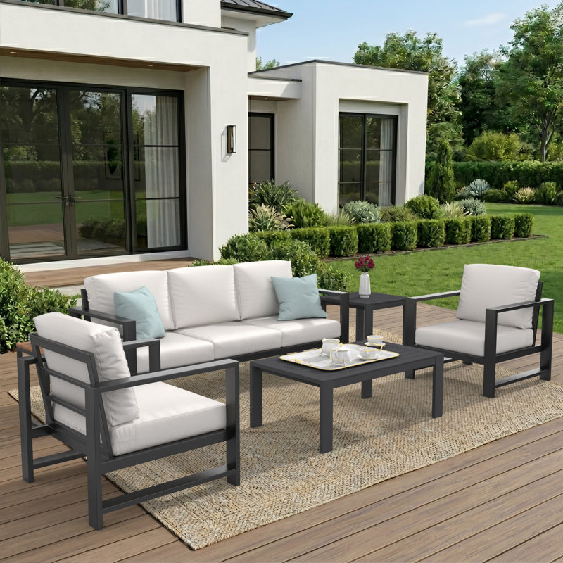 Dulcie 5 Person Seating Set with Sunbrella® Cushions, Canvas White Sunbrella® Canvas