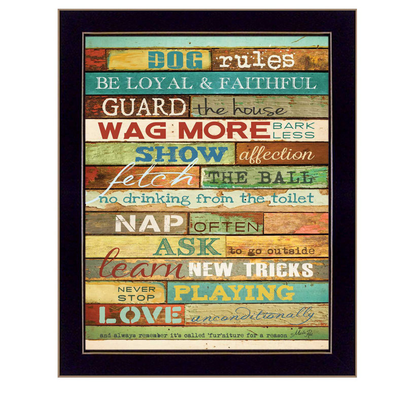 "Dog Rules" par Marla Rae, reproduction d'art mural, affiche prête à accrocher, H 22 po x l 18 po x P 1 po, Noir