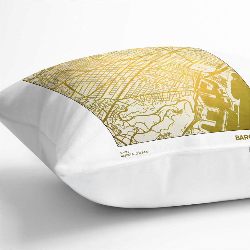 Map Barcelona Spain Gold Plate Square Throw Cushion, White, 40cm H x 40cm W x 15cm D