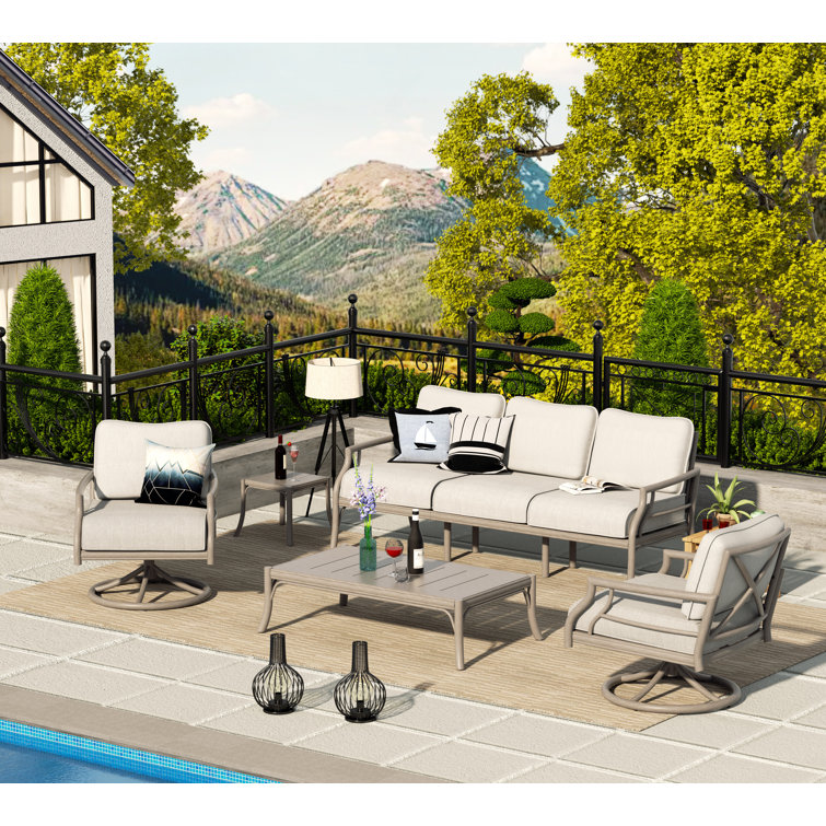 Lamando 5 - Person Patio Aluminum Swivel Conversation Set With Olefin Cushions