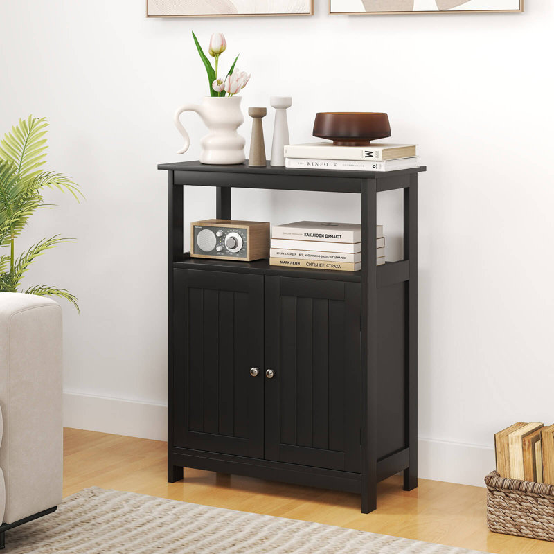Bathroom Floor Cabinet Freestanding Storage Organizer With 2 Doors Open Compartment , Black