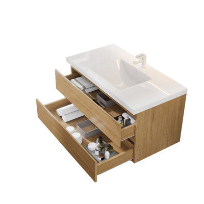 Meuble-lavabo suspendu de 91 cm avec lavabo, armoire murale en contreplaqué, tiroir à fermeture amortie, lavabo en céramique antidébordement
