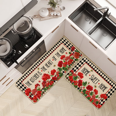 Kitchen Rug Mats Set of 2,Geranium Bee Red Flowers Floral Kitchen Mat Non Slip Drying Washable Kitchen Sink Floor Mat Farmhouse Home Decoration 17x29 and 17x47 Inch