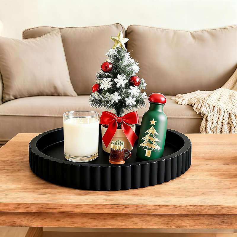 Round Resin Decorative Tray, Modern Centerpiece Tray For Coffee Table, Kitchen, Dining, And Living Room, Black