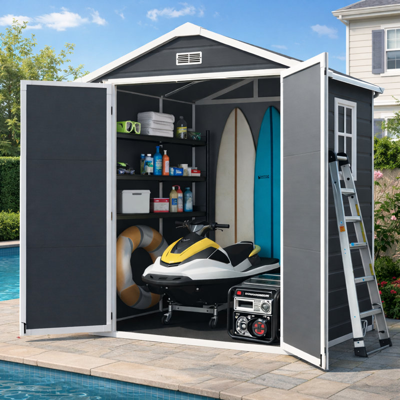 iYofe 6x4 FT Large Outdoor Storage Shed, Resin Garden Tool Shed with Floor, Lockable Door, Air Vent, Weather Resistant Backyard Storage House, Quick Assembly