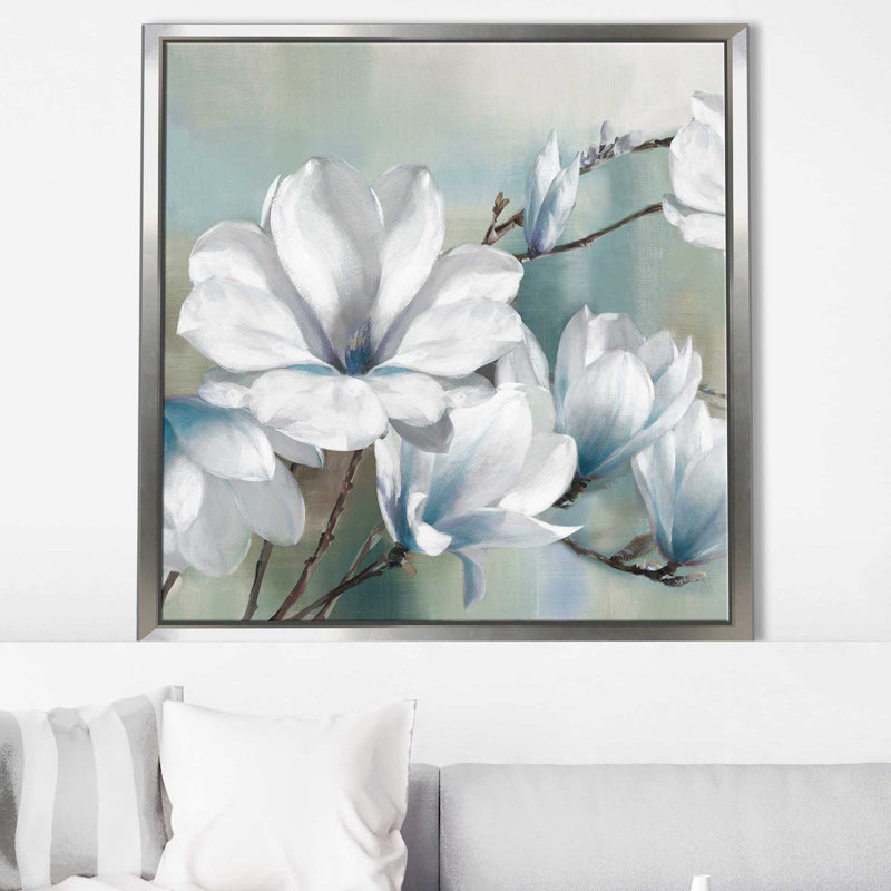«Spring Magnolias» par Rogier Daniels - Peinture, Cadre flottant argent, H 31,5 po x l 31,5 po x P 2 po