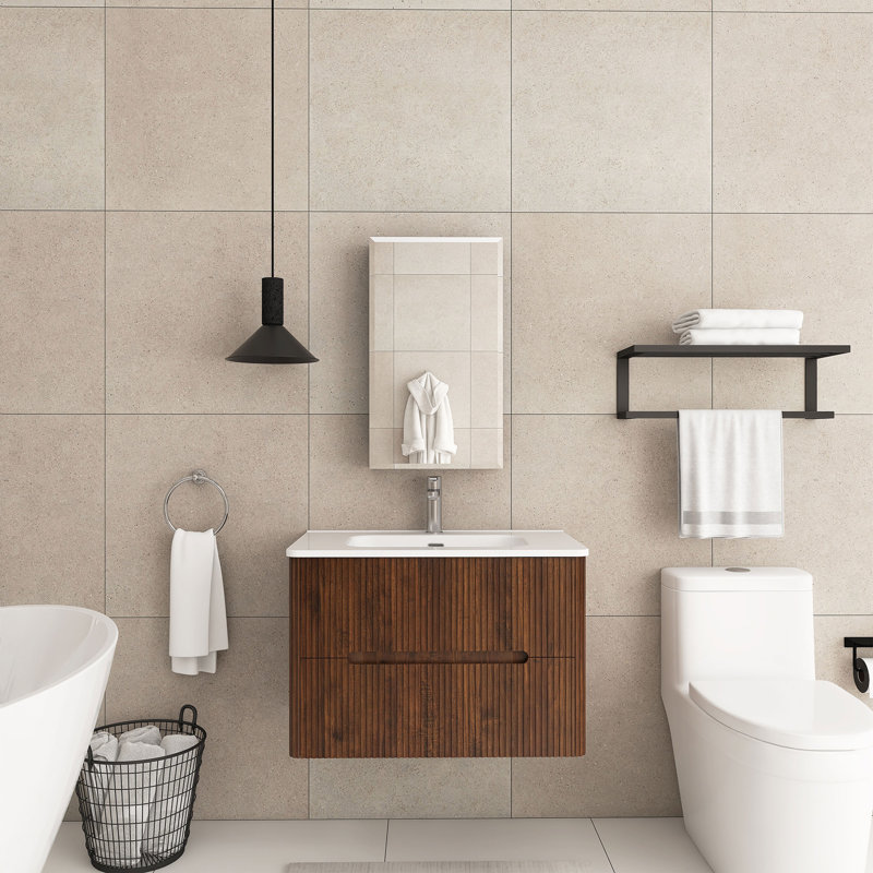 Meuble-lavabo mural simple 30 po avec comptoir intégré en céramique, Noyer