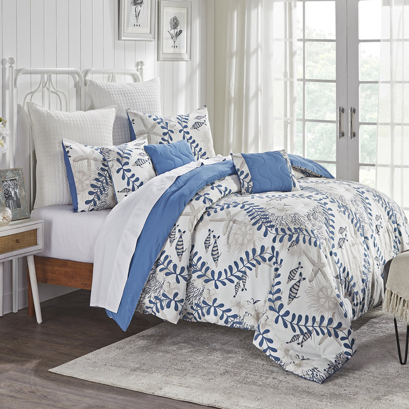 Caspian Blue and White Microfiber Queen Comforter Set with Nautical Design