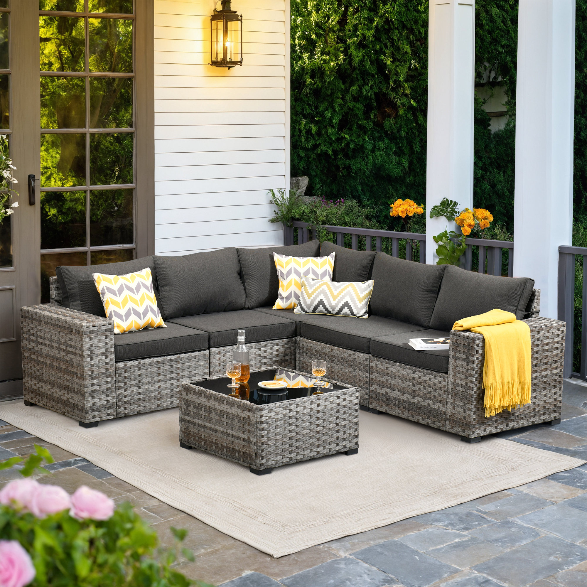 Wade Logan® Baili Person Outdoor Wicker Sectional Seating Group with  Cushions, Modern Modular Rattan Conversation Set, Patio Furniture Set with 