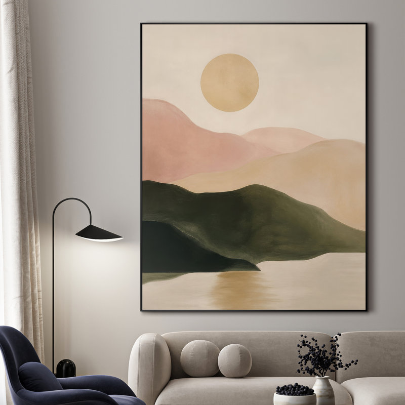 Très grande reproduction d'art sur toile - Paysage abstrait serein avec des collines de rosé et un soleil doré pour le salon ou la chambre à coucher - «Assemblage requis du cadre (cadre non fini)»