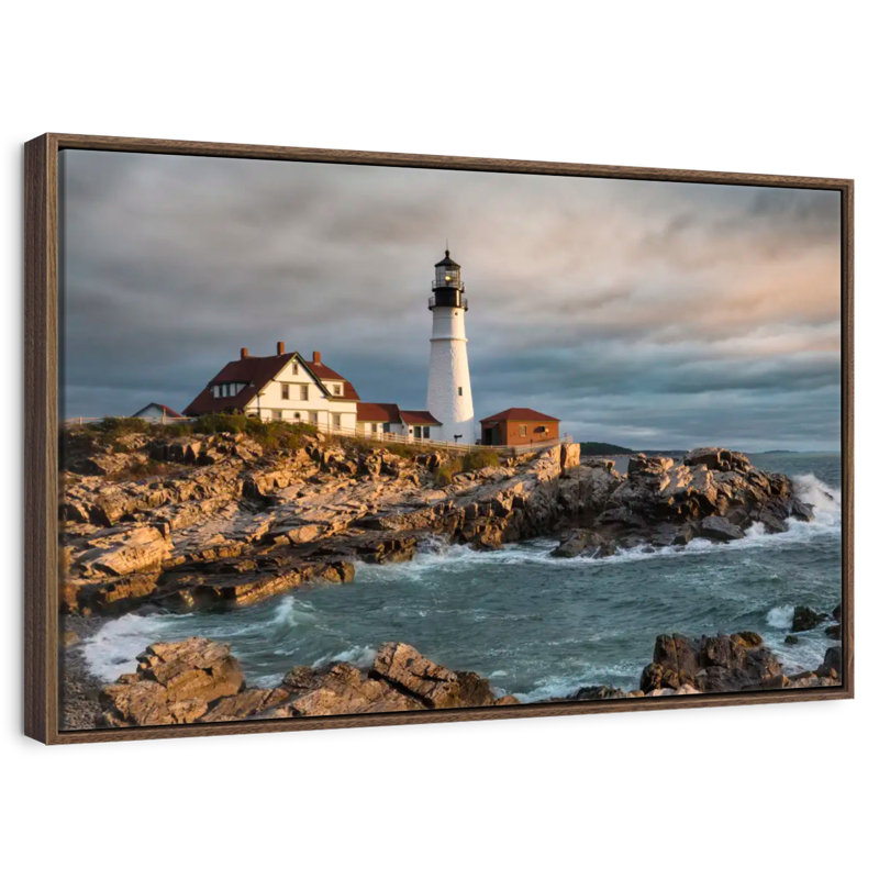 Phare de Portland Head, Maine, au lever du soleil, 31 po x 21 po, Cadre flottant noyer