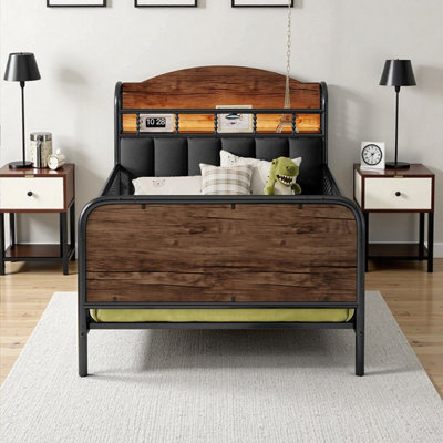 Twin Size Kids Bed Frame with LED Lights, Storage Headboard & Safety Rails - Black Metal Platform Bed