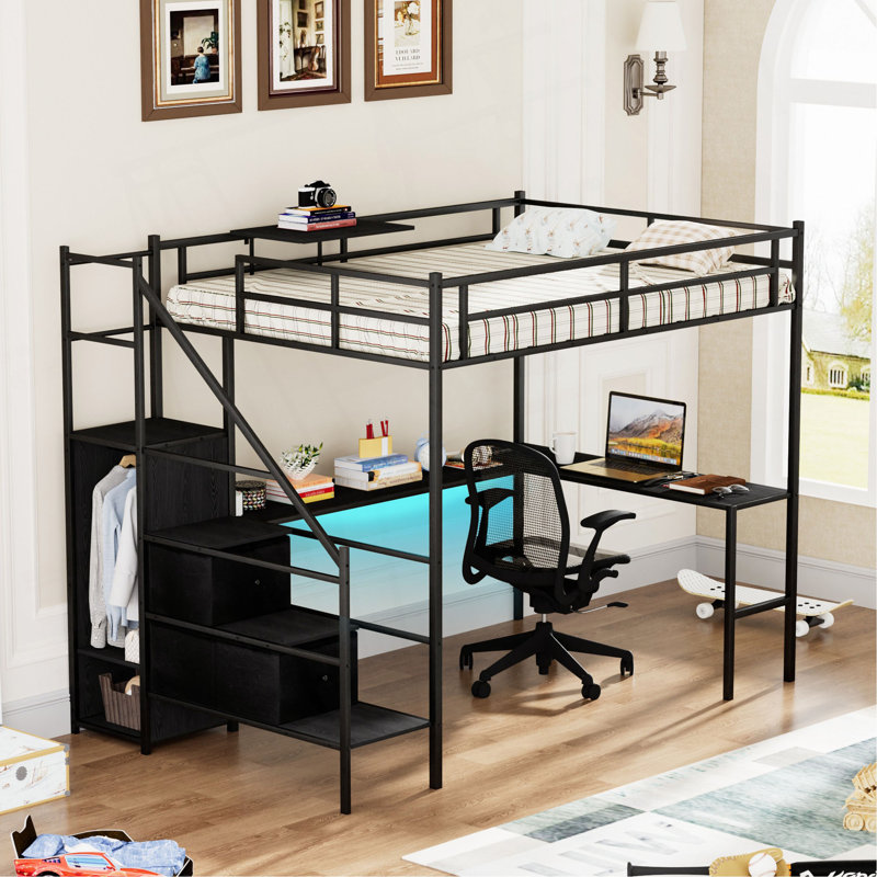 Lit mezzanine polyvalent en métal avec bureau intégré et options de rangement