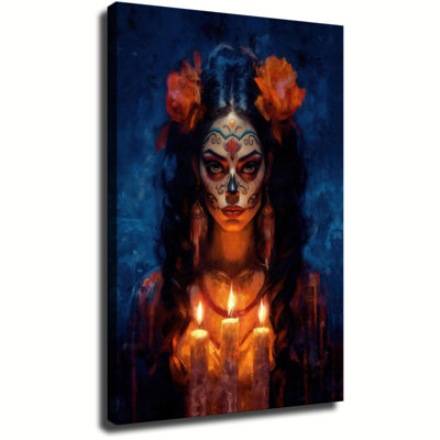 Day Of The Dead Wall Art, Dia De Los Muertos Framed Poster, Woman With Candles Wall Decor For Living Room Bedroom Ready To Hang