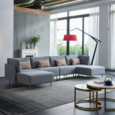 Canapé modulaire symétrique en lin avec repose-pieds 143,3 po Ceola