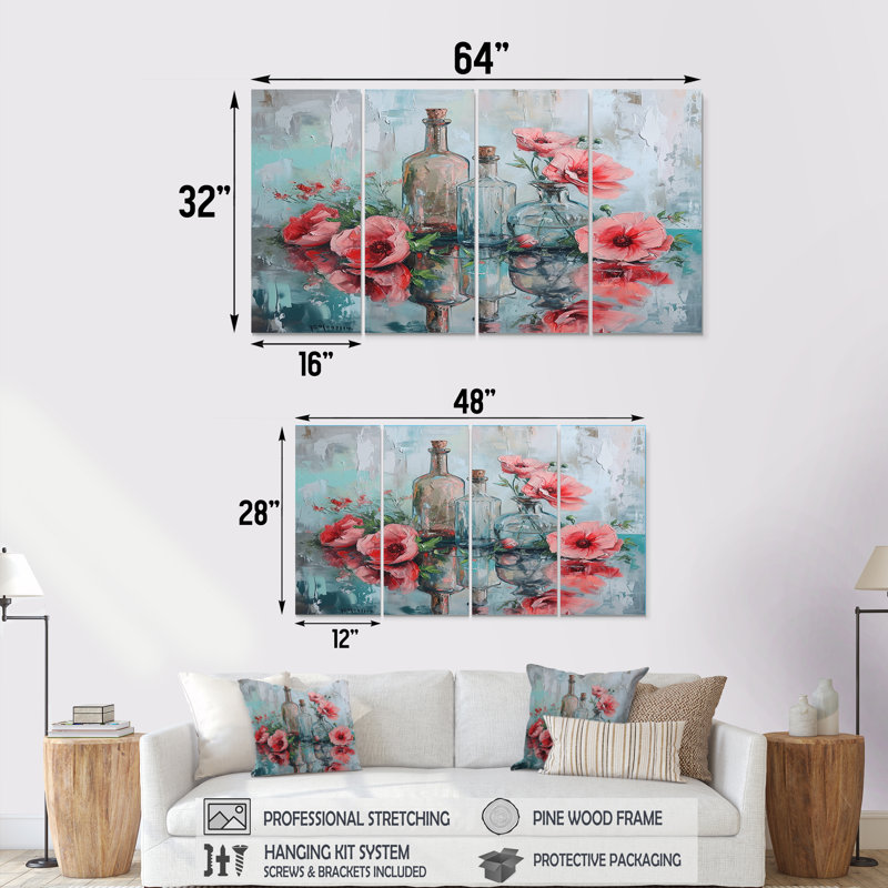 Wason - Ensemble de 4 décorations murales florales, H 32 po x l 64 po