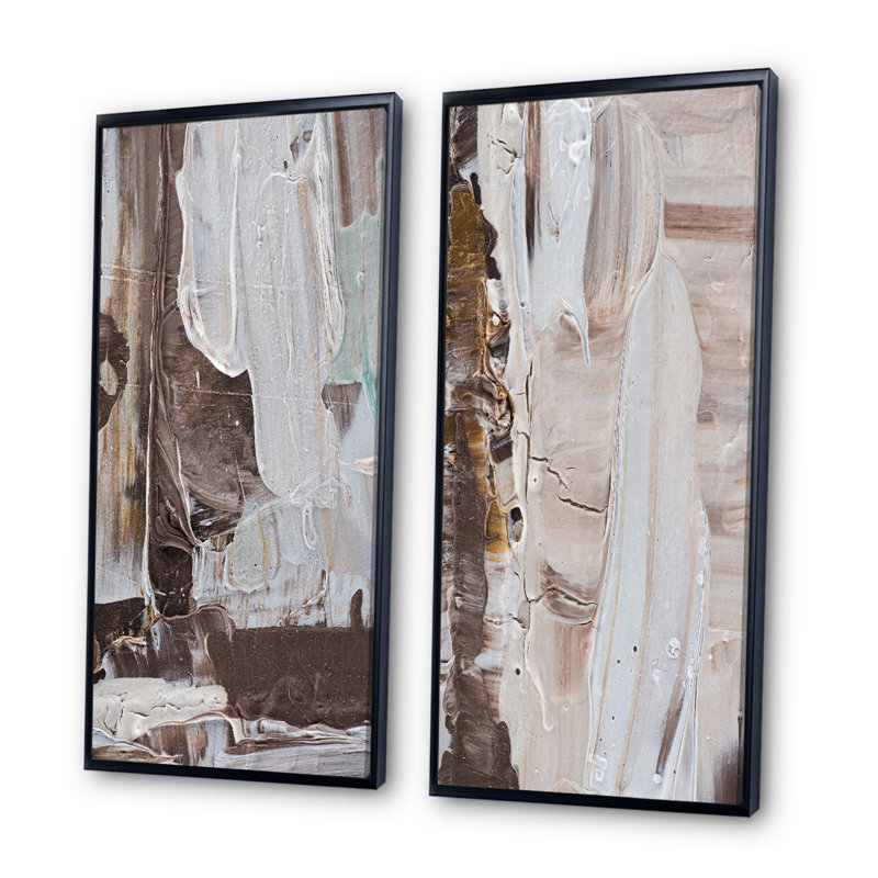 «Beige Brown Brush Strokes», ensemble de 2 peintures sur toiles, H 32 po x l 32 po x P 1 po, Cadre flottant noir