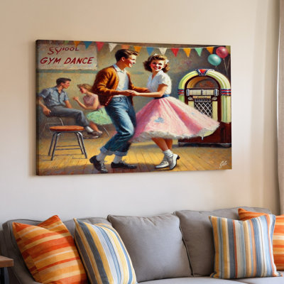 1950s Retro Dance Scene Vintage Jukebox Teen Couple Party Canvas Wall Art Print For Living Room, Bedroom, Office, Hallway, Entryway, Gallery Wall And Modern Home Decor