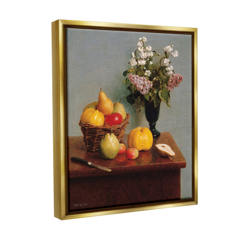 «Fruit And Flowers Still Life» sur toile, H 21 po x l 17 po, Cadre flottant métallique doré
