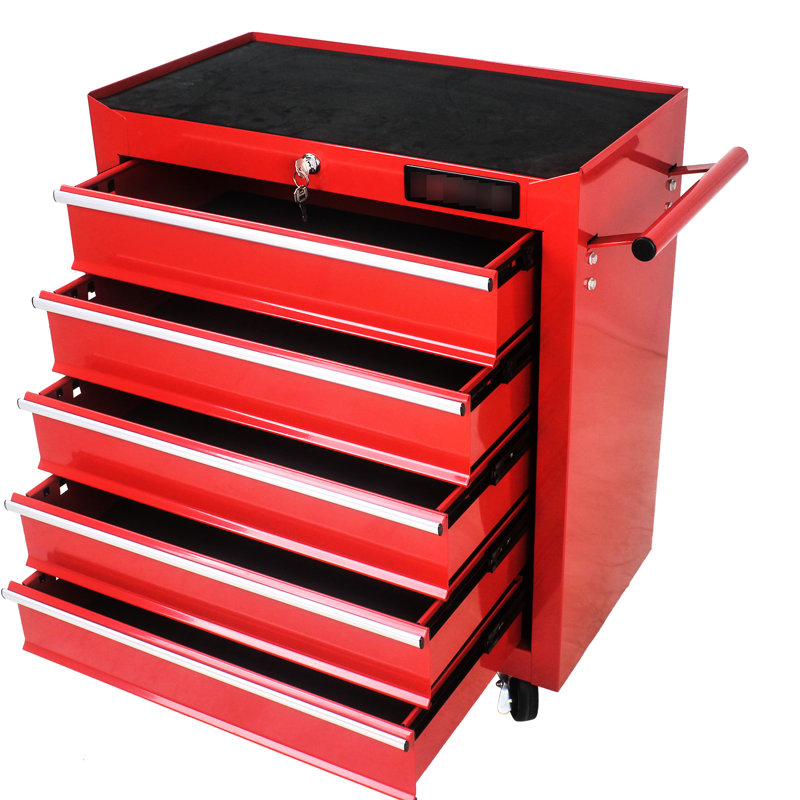 5 Drawer Tool Cabinet With Lock And Swivel - Red Coated Steel For Garage Space 5 Wheels Locking System Storage, Red