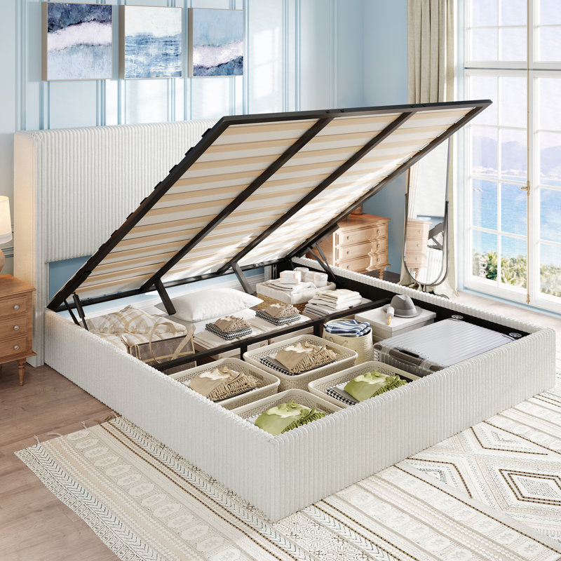 Lit plateforme hydraulique avec rangement relevable, revêtu de velours côtelé, sans sommier, Blanc, Très grand lit